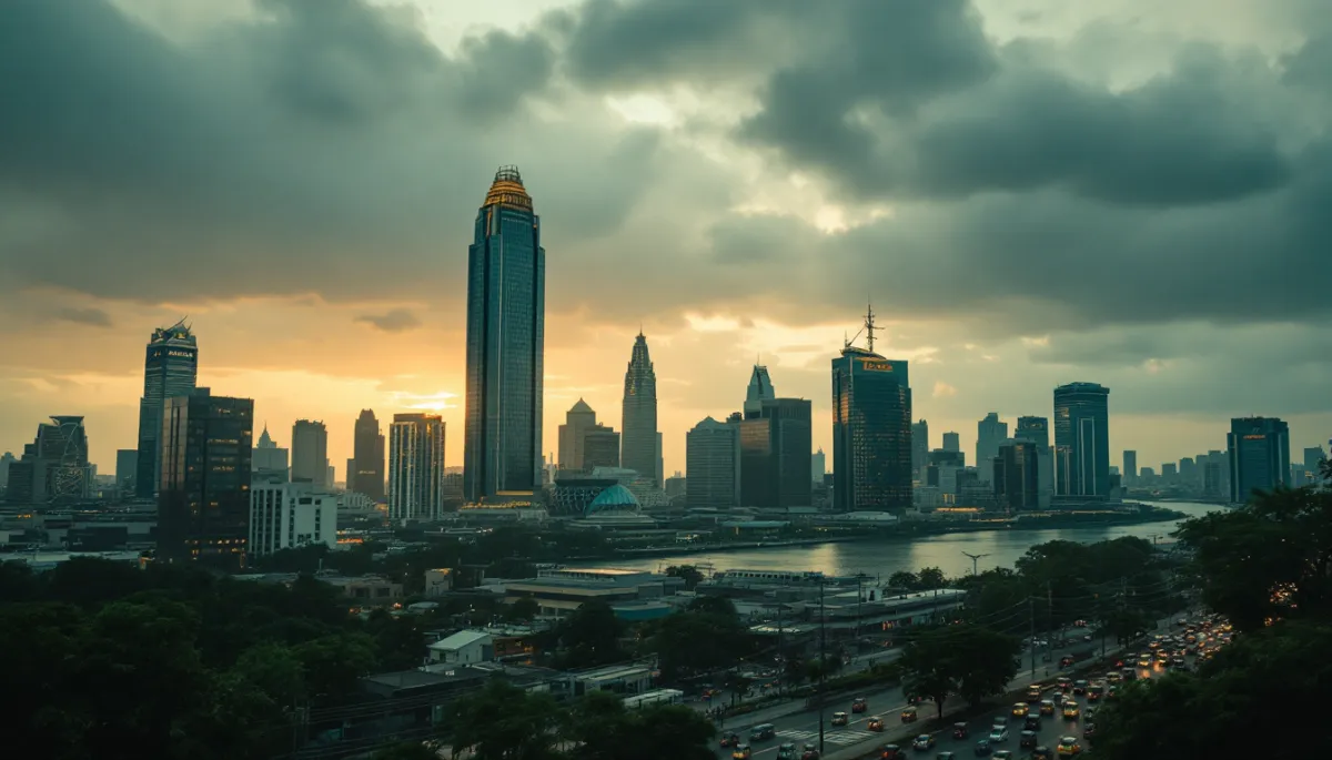 Bangkok skyline at twilight with heavy overcast clouds conveying economic uncertainty