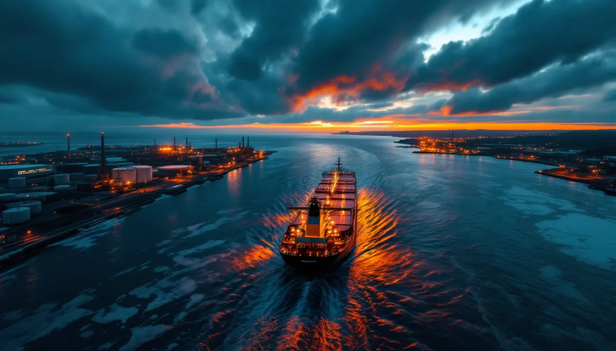 LNG tanker ship navigating near a European port at dusk with industrial gas terminals