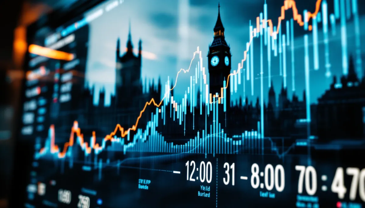Financial data terminal showing rising UK 30-year gilt yield curves with Westminster in background