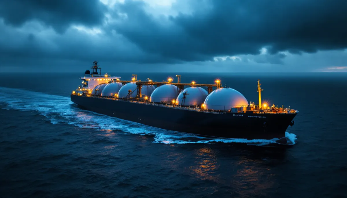 LNG tanker at sea during blue hour with storm clouds gathering over European coastline