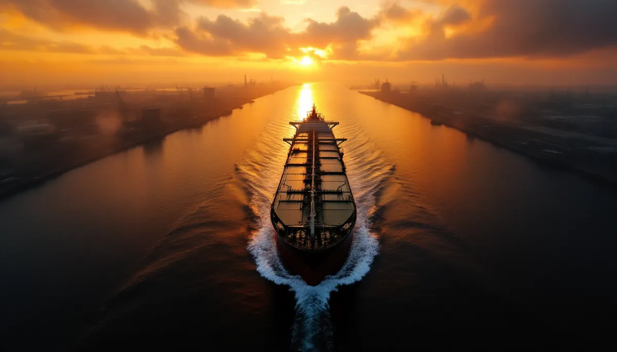 Oil tanker at sea with dramatic sunset reflecting falling crude prices