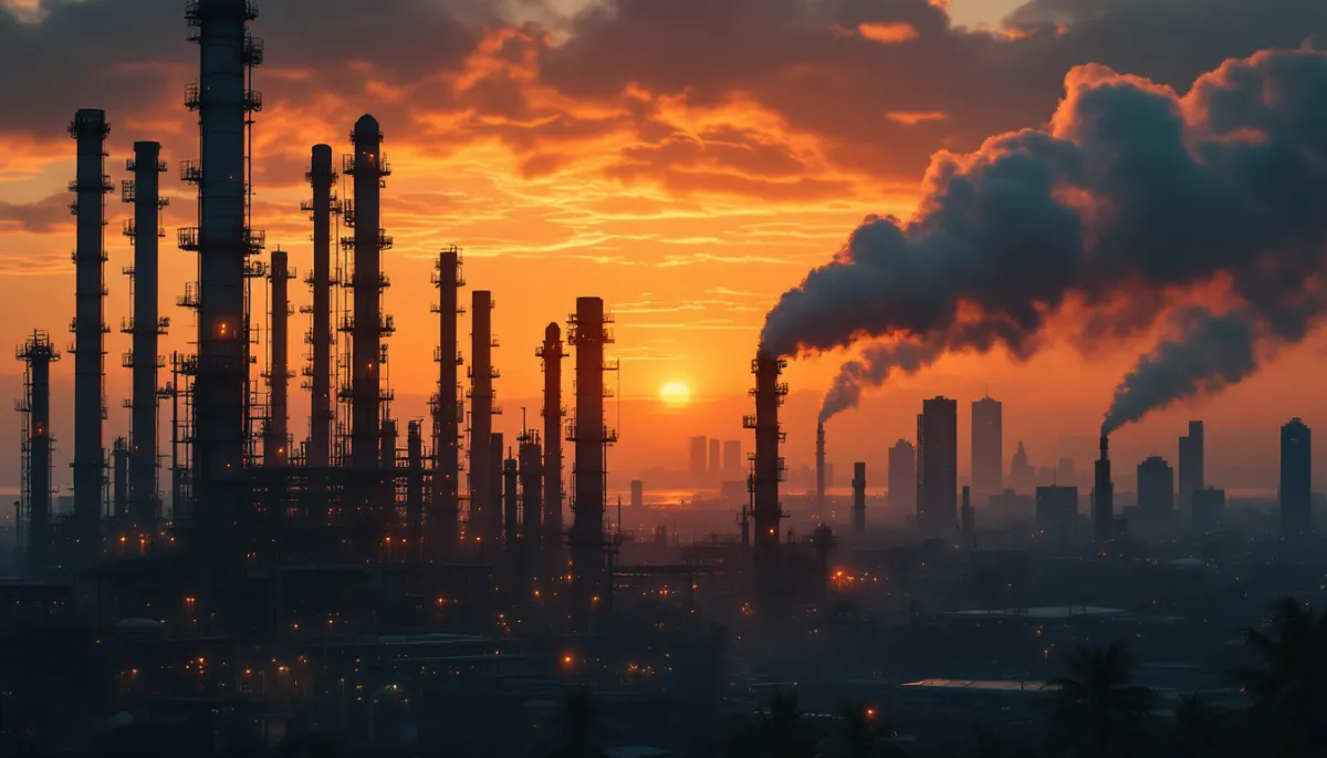 Oil refinery at sunset with Southeast Asian cityscape in the background
