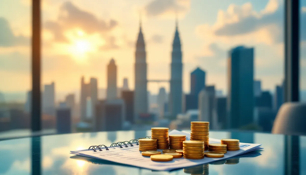 Kuala Lumpur KLCC Petronas Towers skyline with Malaysian ringgit coins on a glass table representing EPF savings