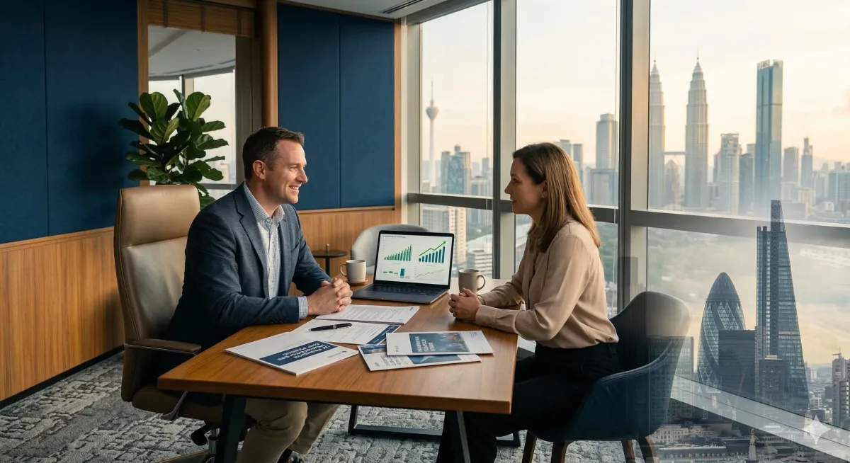 Financial advisor reviewing portfolio documents in modern Malaysia office setting