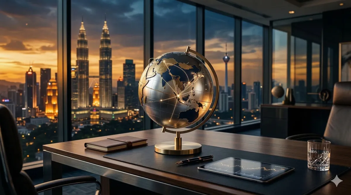 Sleek metallic globe on executive desk representing global expatriate finance
