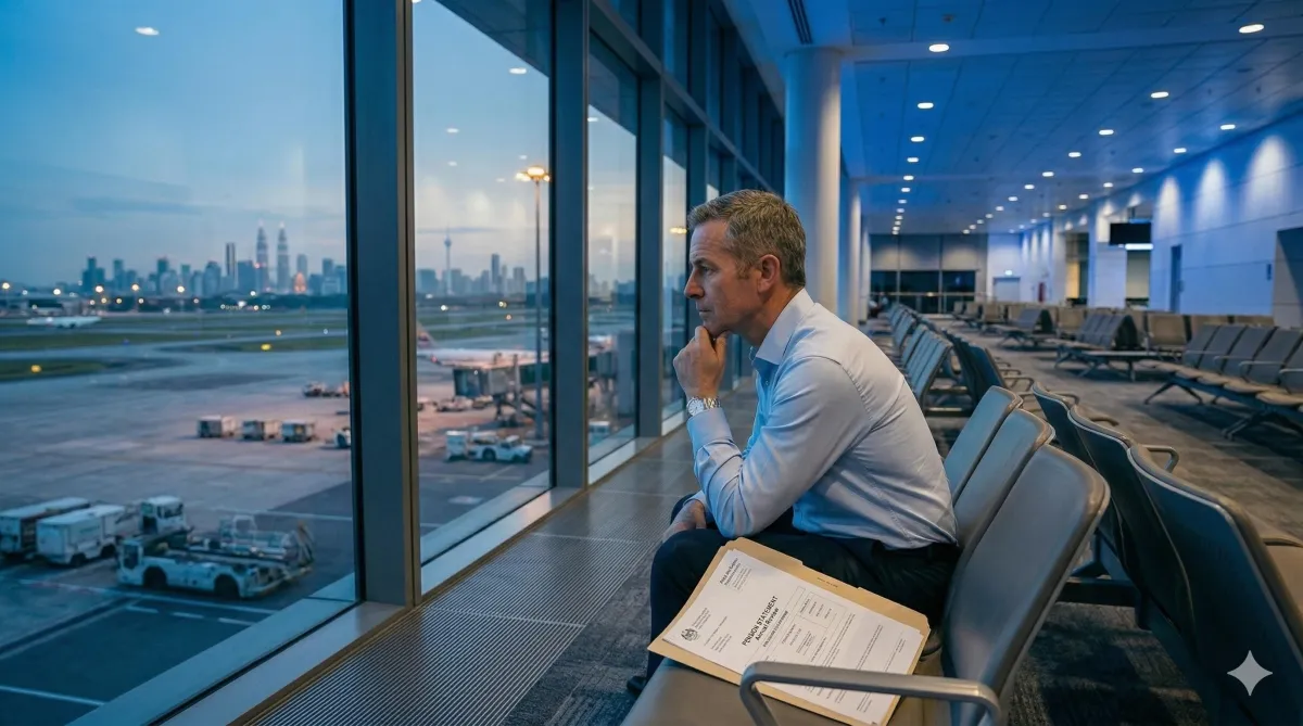 UK expat reviewing defined benefit pension transfer documents in Kuala Lumpur office