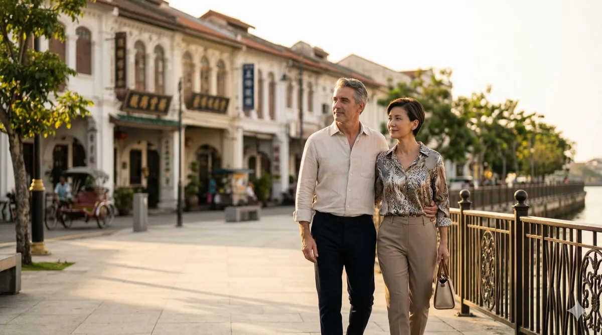 Expat reviewing MM2H fixed deposit documents at a Malaysian bank branch