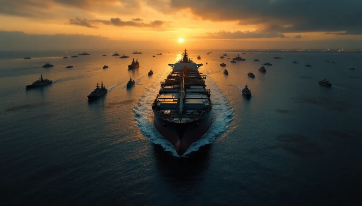 Aerial view of tanker ships at the Strait of Hormuz with oil prices climbing in the background