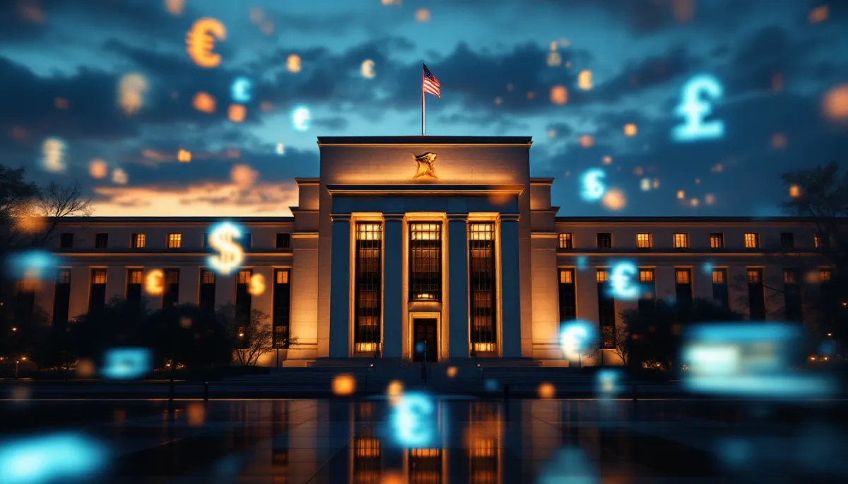 Federal Reserve building exterior at dusk with global currency symbols overlaid on glass facade
