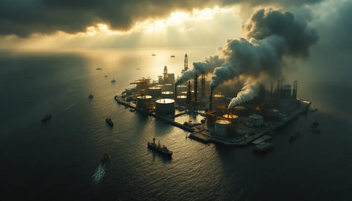 Aerial view of oil infrastructure on a Persian Gulf island under dramatic storm lighting