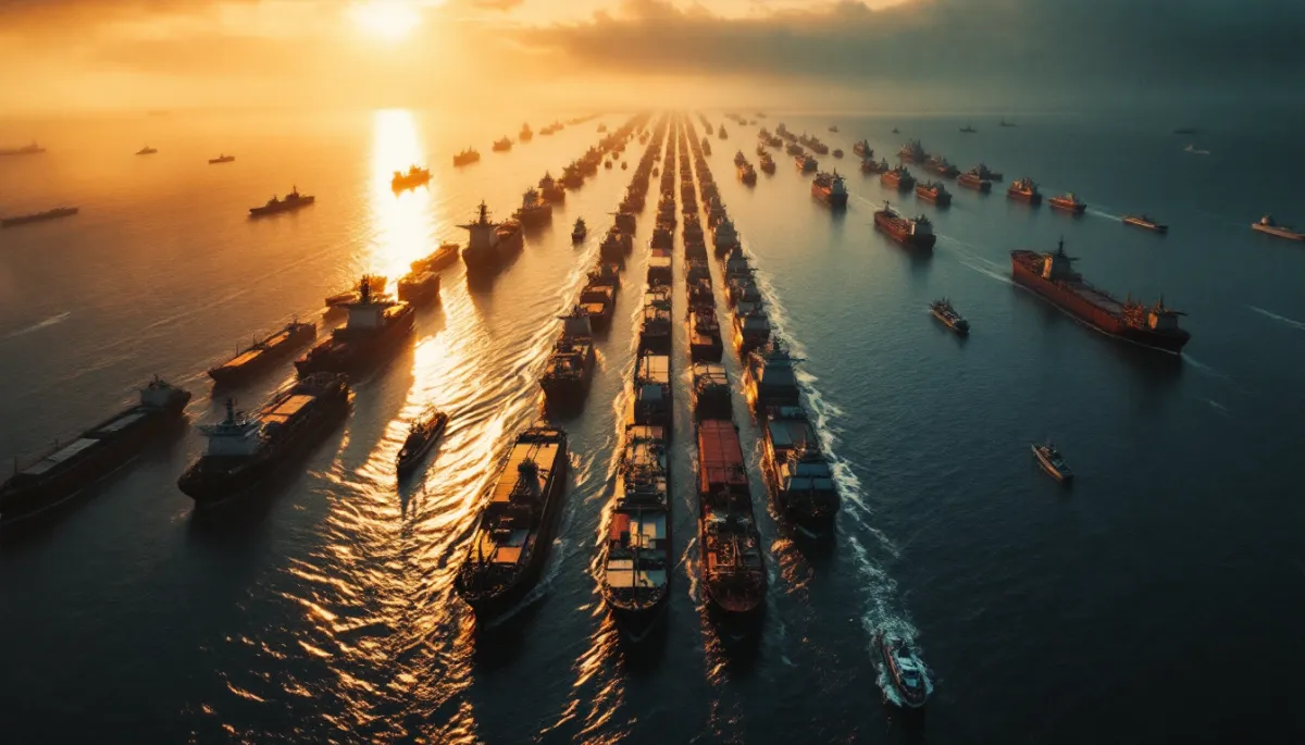 Aerial view of oil tankers queuing near a narrow strait at golden hour