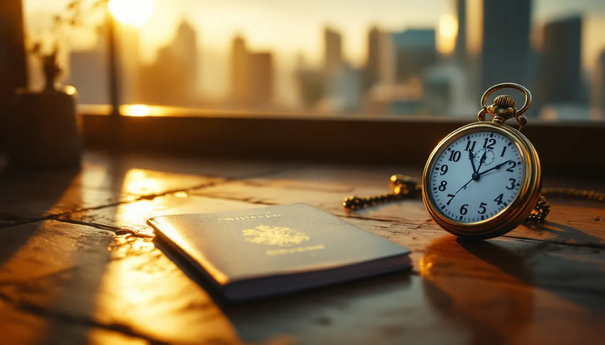 British passport next to a ticking clock on a wooden desk at sunset
