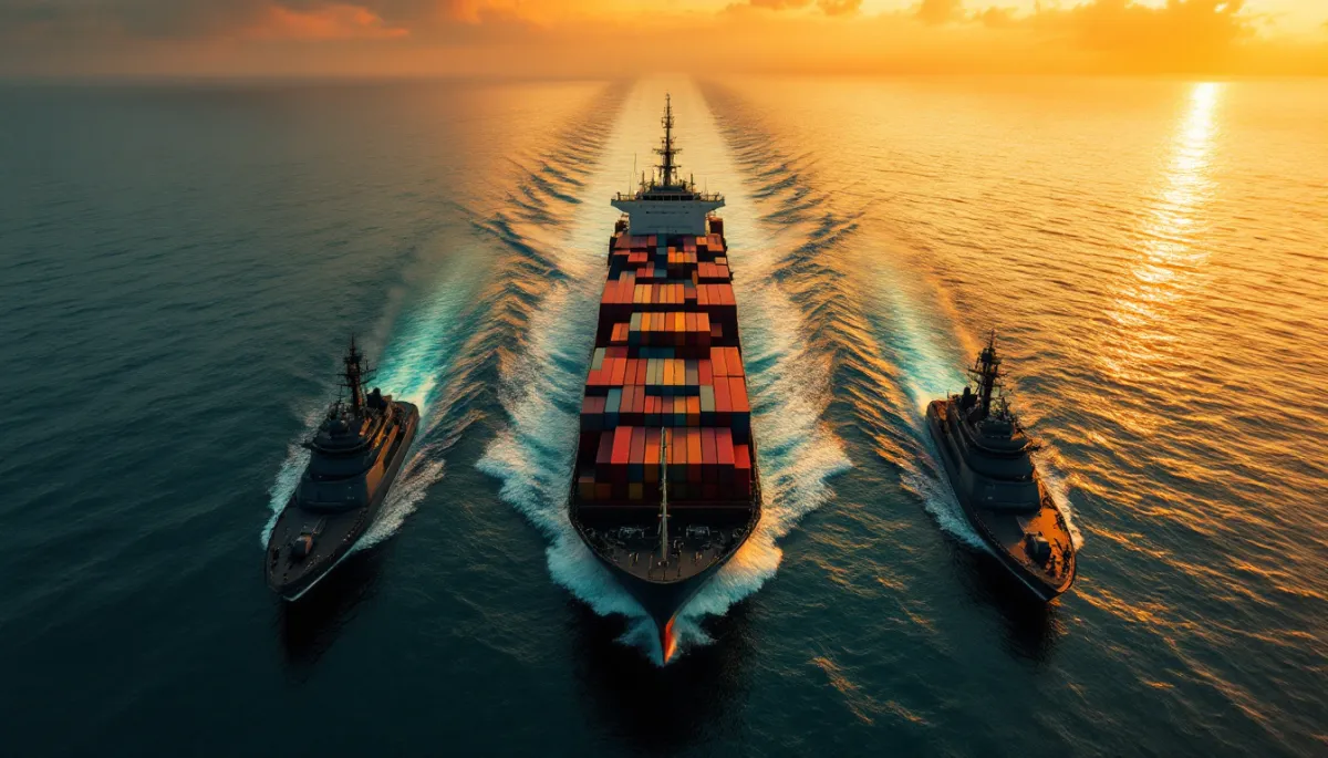 Aerial view of a container ship flanked by military patrol boats in a narrow strategic strait at golden hour