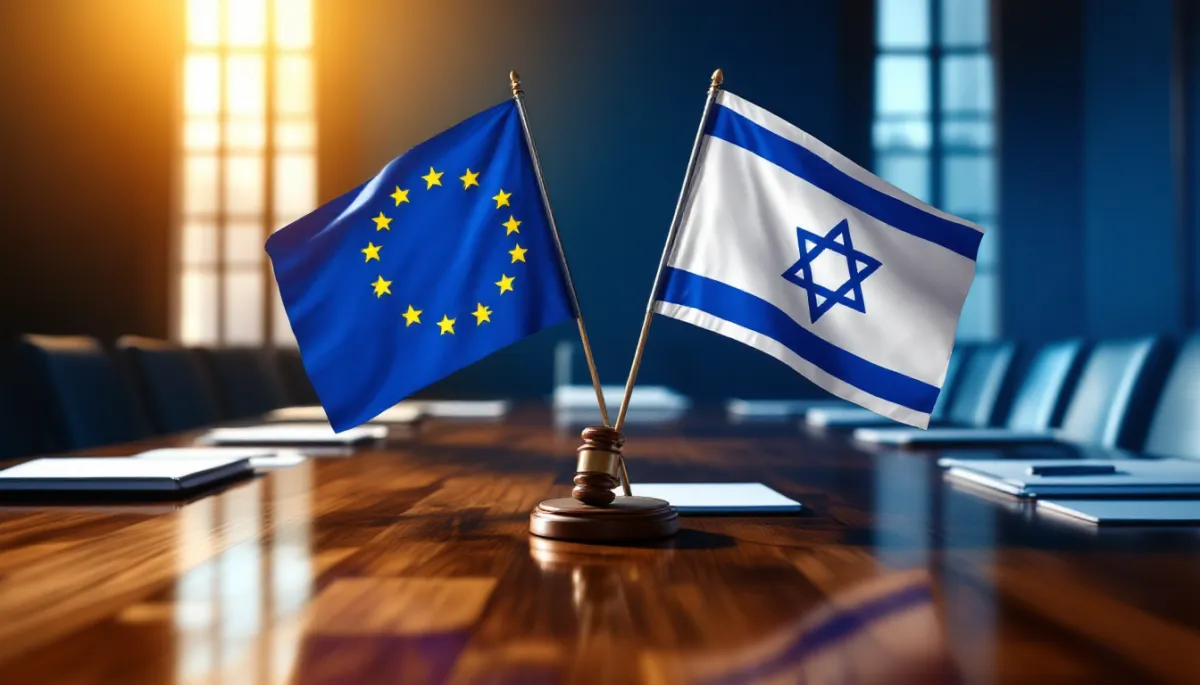 European Union and Israel flags with trade documents on a diplomatic conference table