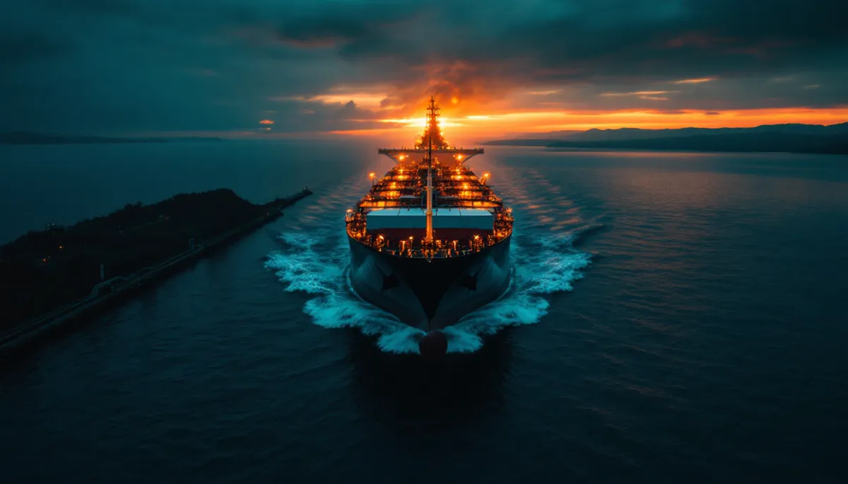 Natural gas pipeline infrastructure at dusk with Southeast Asian cityscape in background