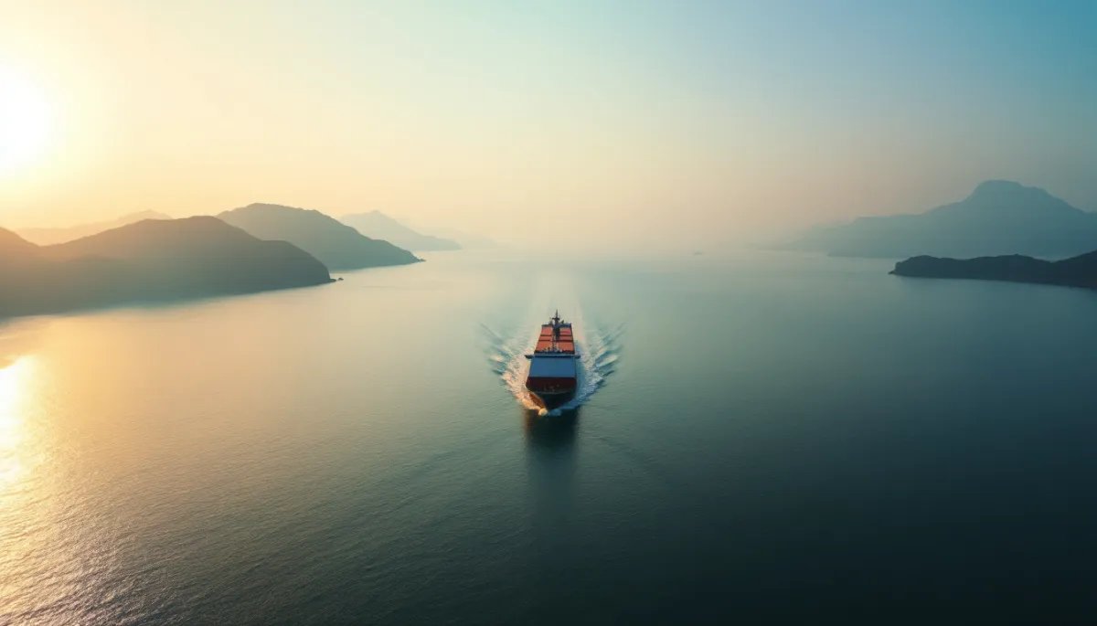Aerial view of the Taiwan Strait at dawn with a cargo vessel crossing, representing cross-strait diplomatic de-escalation and Asia-Pacific portfolio implications