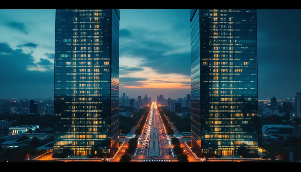 Cinematic aerial view of two glass towers in an Asian financial district at dusk representing the US-China bilateral summit