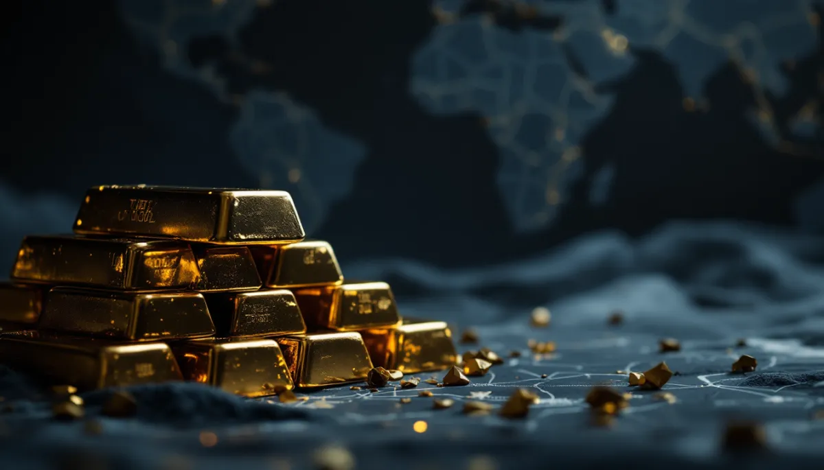 Gold bars stacked against dark background with oil price charts reflecting energy crisis tension