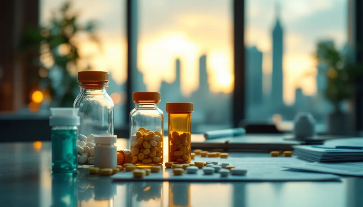Prescription medication bottles on a desk with Southeast Asian city skyline in the background