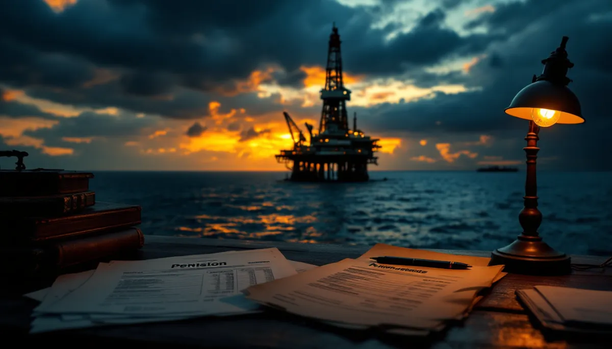 Oil drilling platform at sea at dusk with financial documents representing pension value decisions