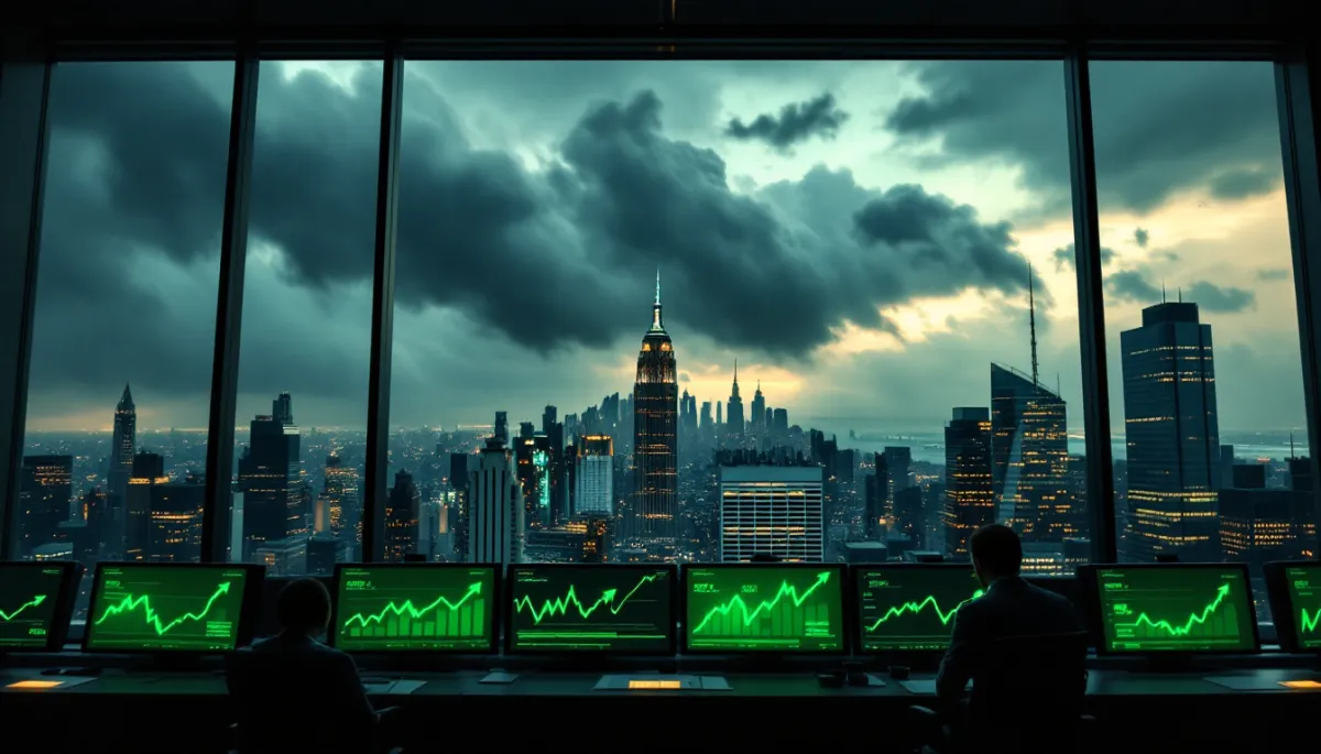Stock market trading screens showing green rally with storm clouds gathering behind