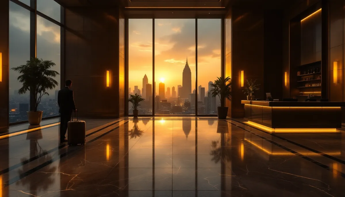 Empty luxury hotel lobby in Bangkok at dusk with dim golden lighting and city skyline through windows