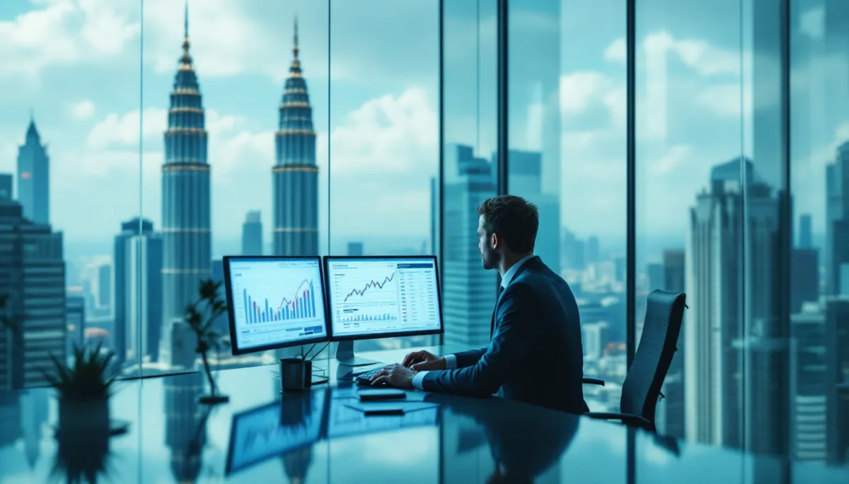 German executive at KLCC financial district office with investment portfolio