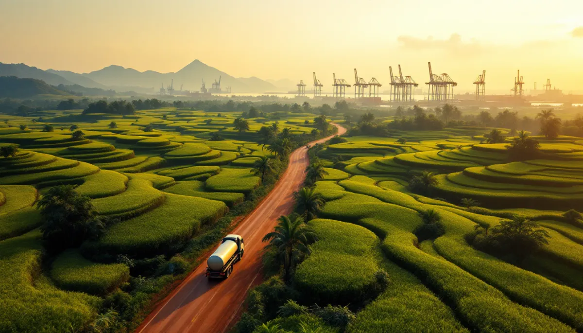 Aerial view of palm oil plantations at sunrise with diesel tanker truck on a red road and industrial port cranes in the background