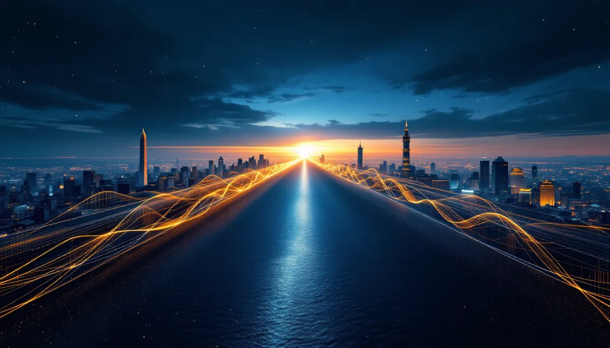 Split aerial cityscape of Washington DC and Beijing at dusk with gold currency movement lines across dark ocean horizon