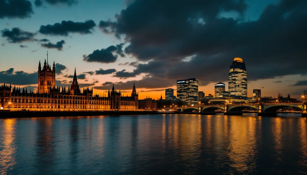 River Thames at dawn with Palace of Westminster and Canary Wharf reflecting in the water