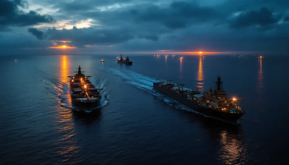 US Navy warship near oil tankers at the Strait of Hormuz at dusk with smoke on the horizon