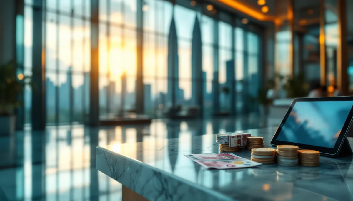 Modern bank lobby in Kuala Lumpur with international currency and digital banking tablet