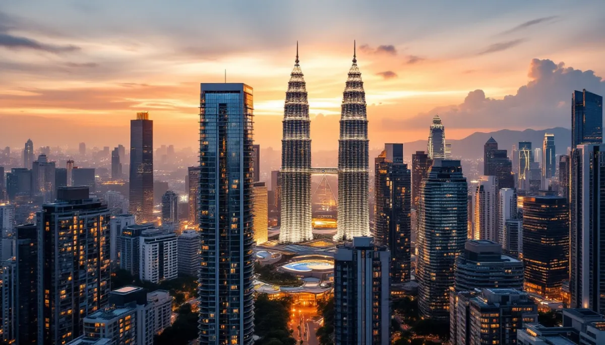 Aerial view of luxury residential towers in Kuala Lumpur at dusk with KLCC Twin Towers in background