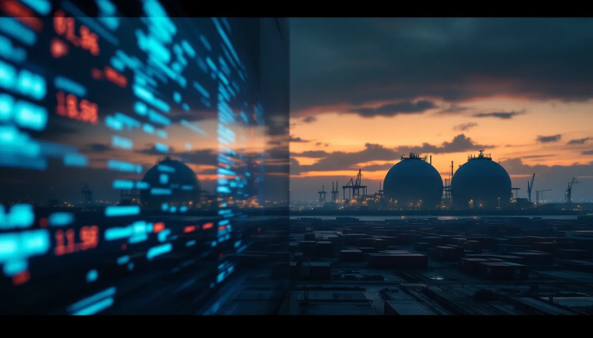 Industrial LNG terminal at dusk with floating currency symbols representing EUR risk for European expats in Southeast Asia