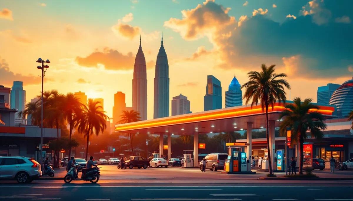 Kuala Lumpur petrol station at night with fuel price board and city skyline in background