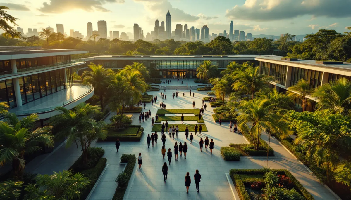 International school campus in Kuala Lumpur with tropical greenery and city skyline