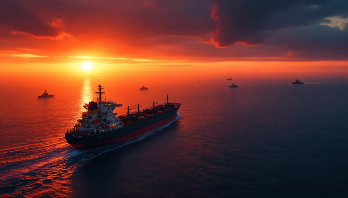 Chinese oil tanker sailing through the Strait of Hormuz at dusk with US Navy warships in the distance