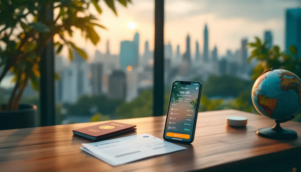 Smartphone showing multi-currency banking app on a desk with passport and Southeast Asian cityscape