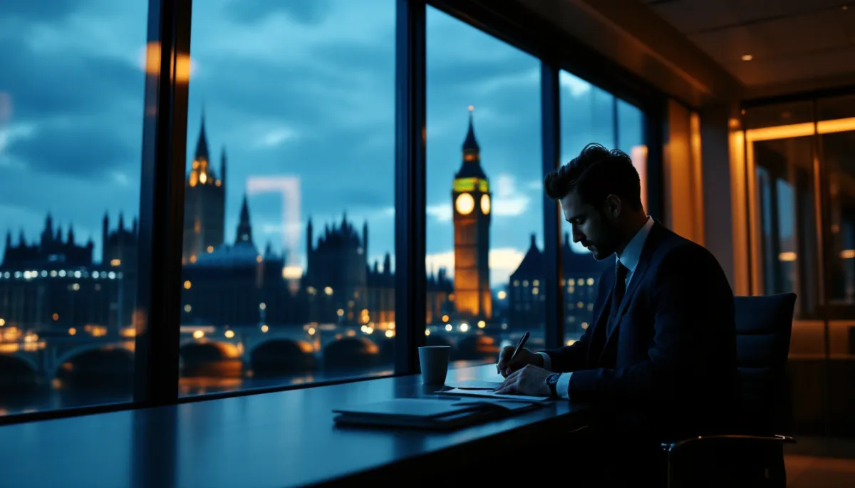 British expat reviewing pension documents in London financial district office at dusk