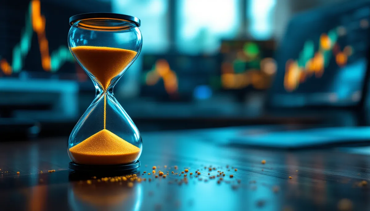 Hourglass with golden sand on financial desk representing tariff countdown deadline