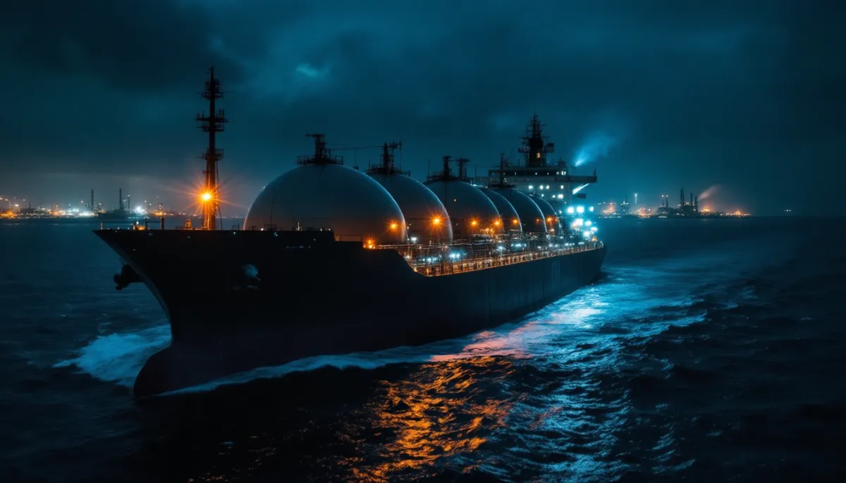 LNG tanker at sea at night representing UK Russian LNG ban energy geopolitics