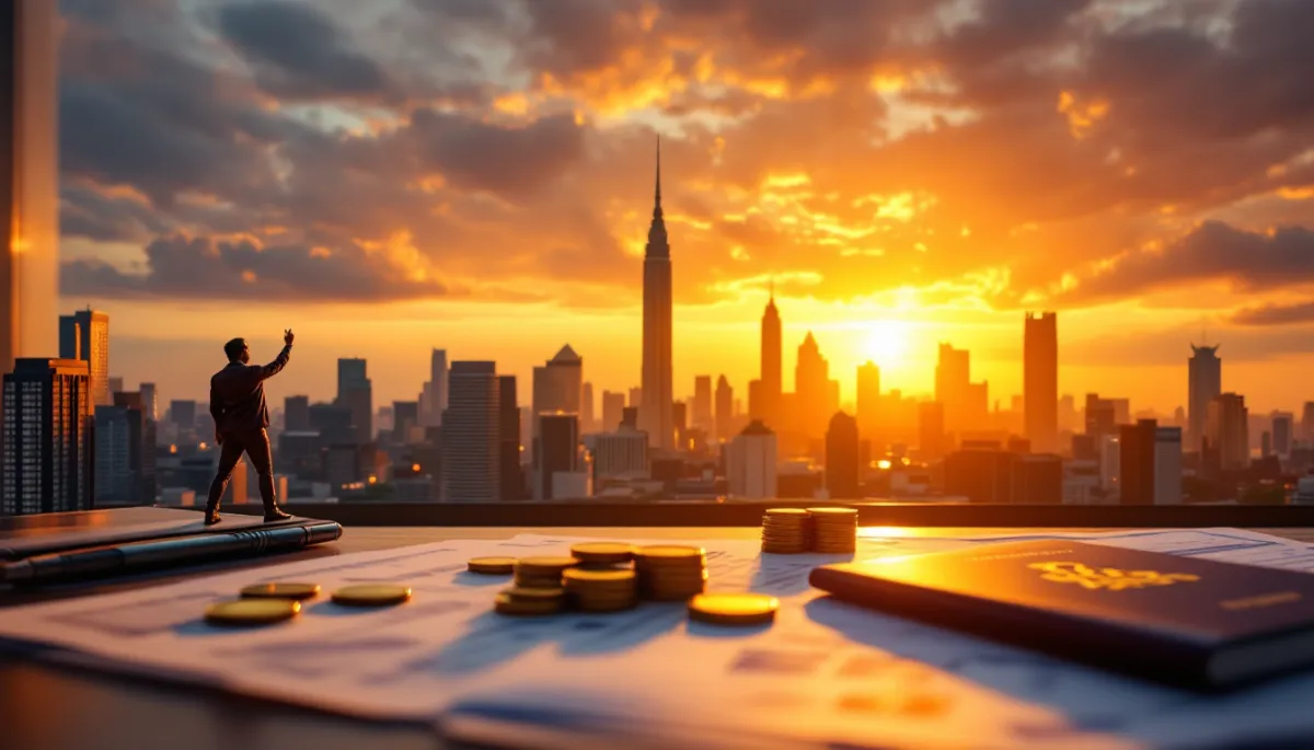 Bangkok city skyline at dusk with Thai baht coins and tax documents on a modern desk
