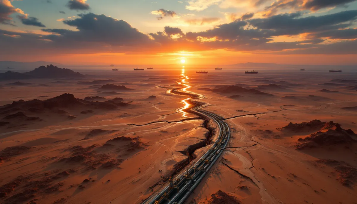 Aerial view of a fractured oil pipeline network over a desert at dusk with oil tankers on water