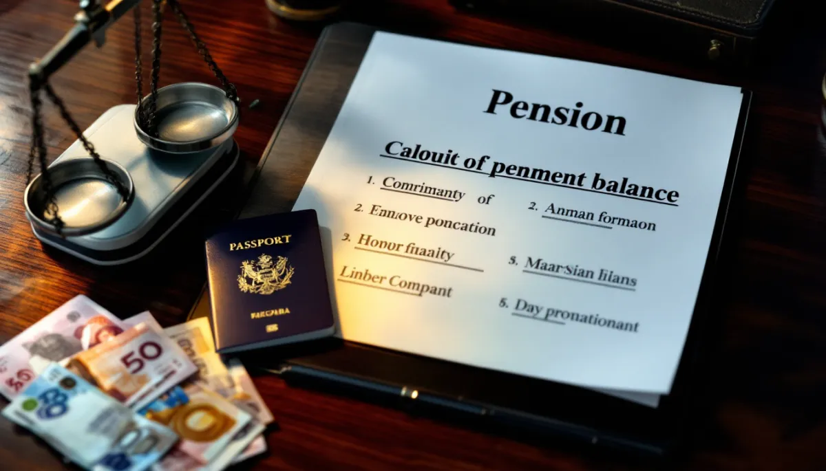 Pension planning documents and balance scale on a desk with British passport and Malaysian ringgit