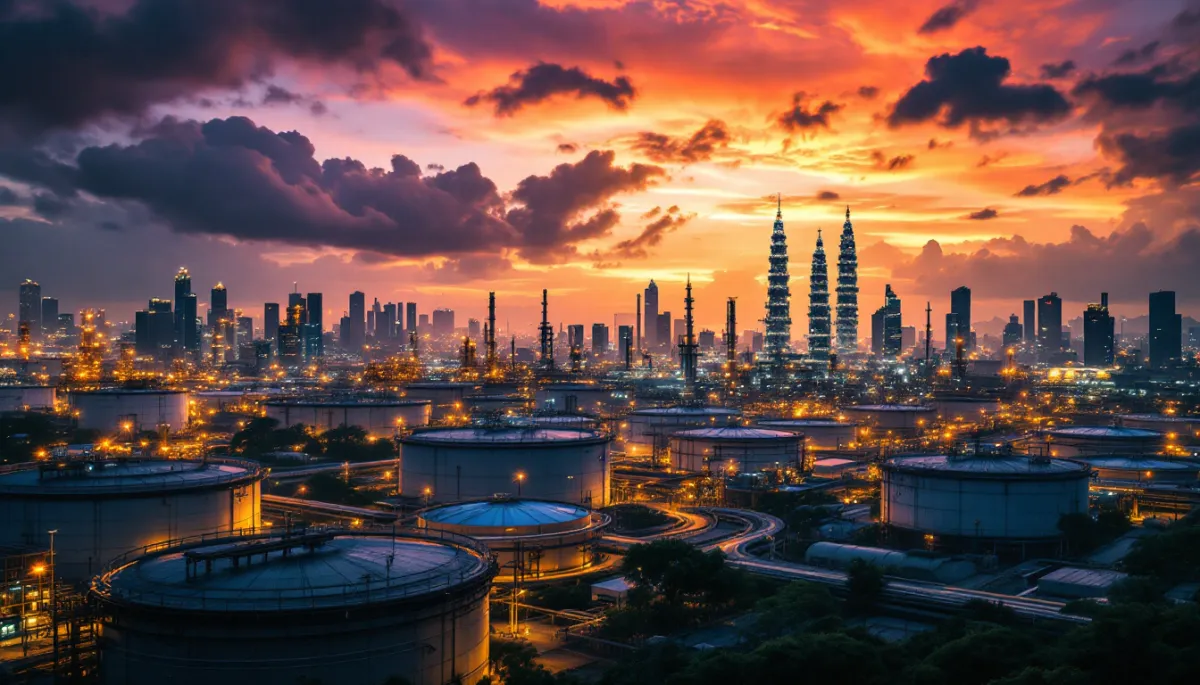 Aerial view of Malaysian oil refinery at dusk with diminishing fuel reserves