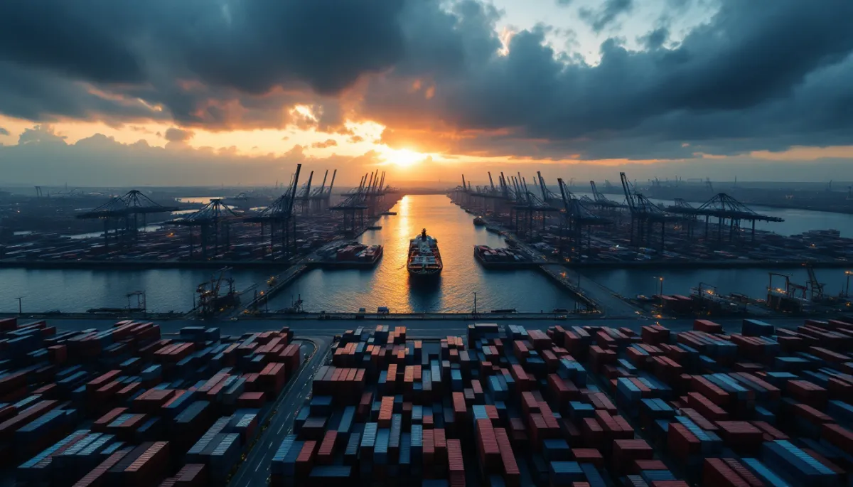 Stacked shipping containers at a twilight container port with idle cranes