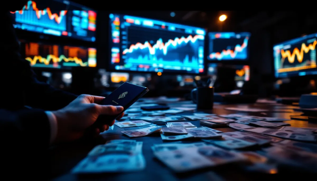 Currency trading screens at night showing dollar index strength with passport and multi-currency notes representing expat financial complexity