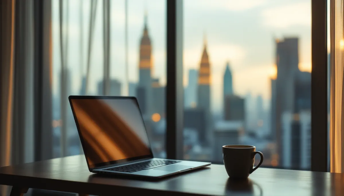 Kuala Lumpur apartment with laptop overlooking city skyline at dawn during energy crisis