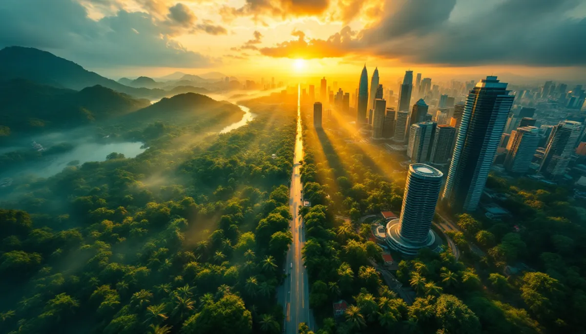 Split view of Borneo rainforest and modern Malaysian cityscape representing MM2H and S-MM2H visa choices