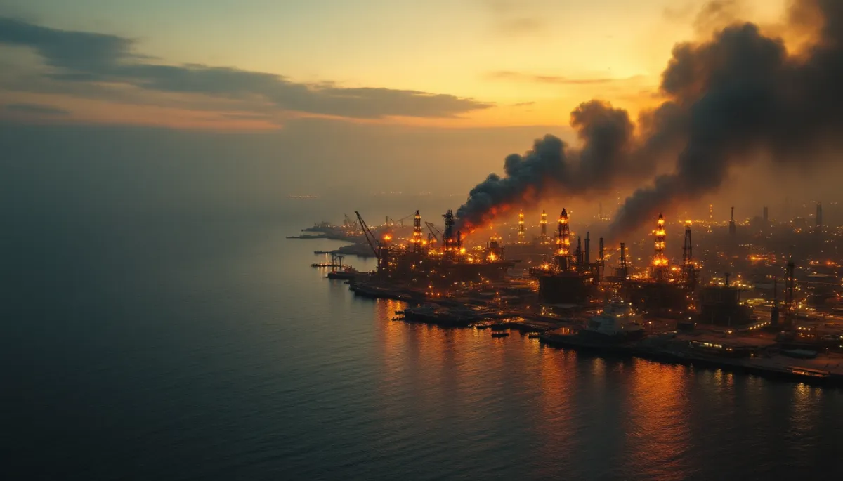 Gulf oil terminal infrastructure at dusk with smoke rising from a fire on the distant horizon